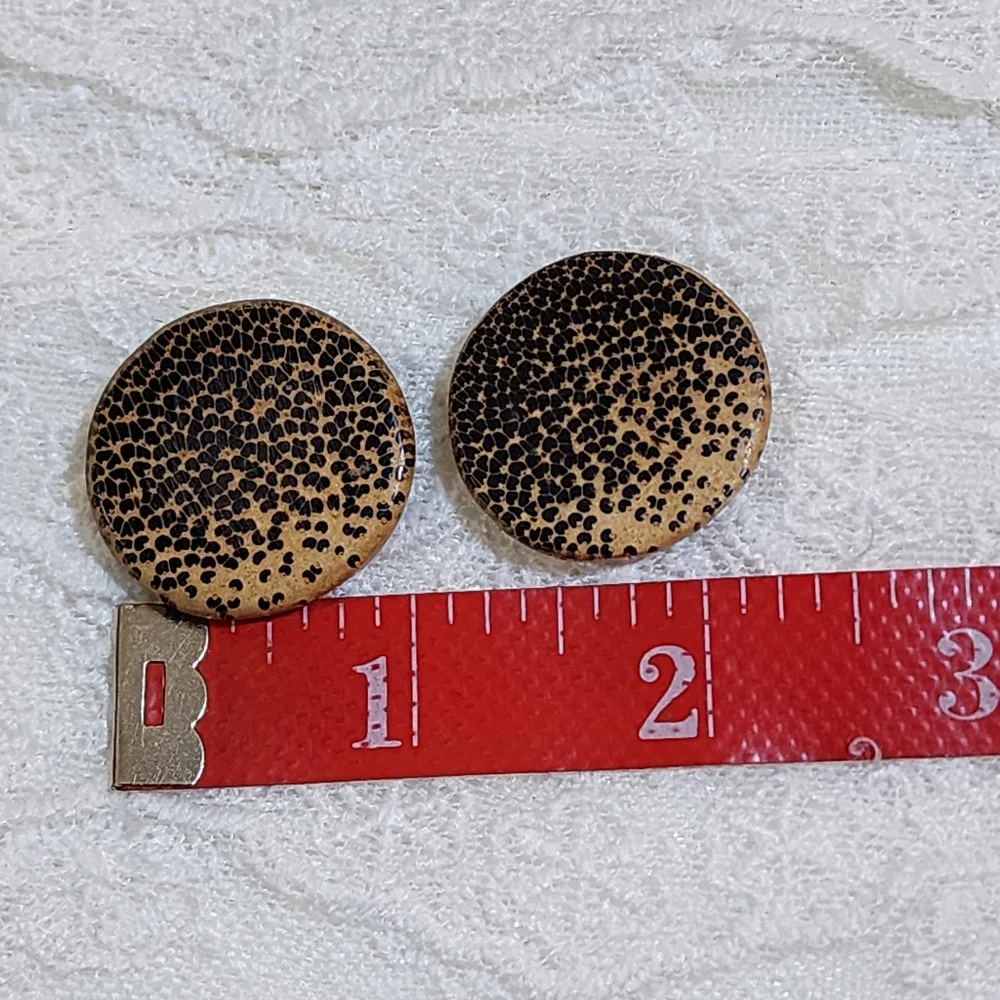 Vintage Round Wooden Animal Print Tan and Black Pierced Earrings